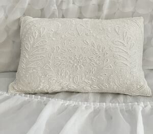 VTG Pier One White Accent Pillow Embroidered Beaded Flowers Rectangular Lumbar